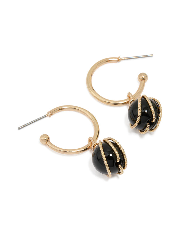 Gold Black Pearl Wire Wrap Hoop Earrings