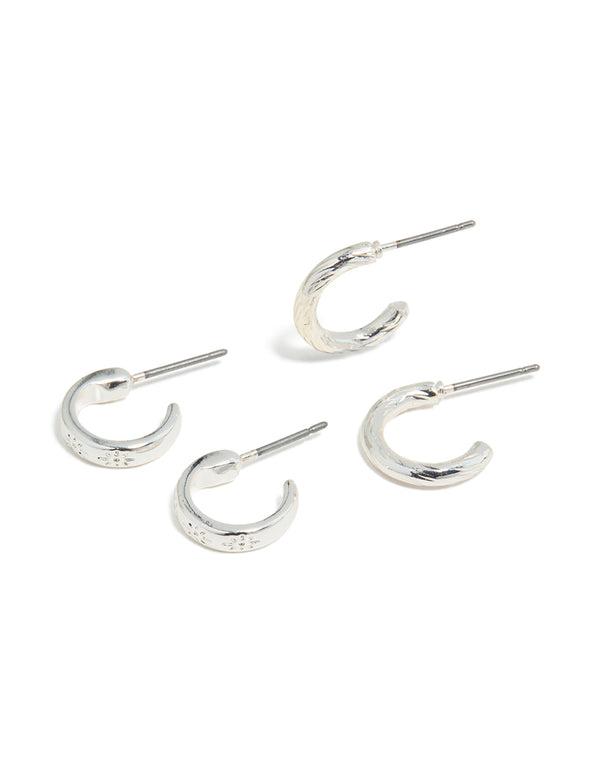 Silver Textured & Smooth Hoop Earrings 3-Pack