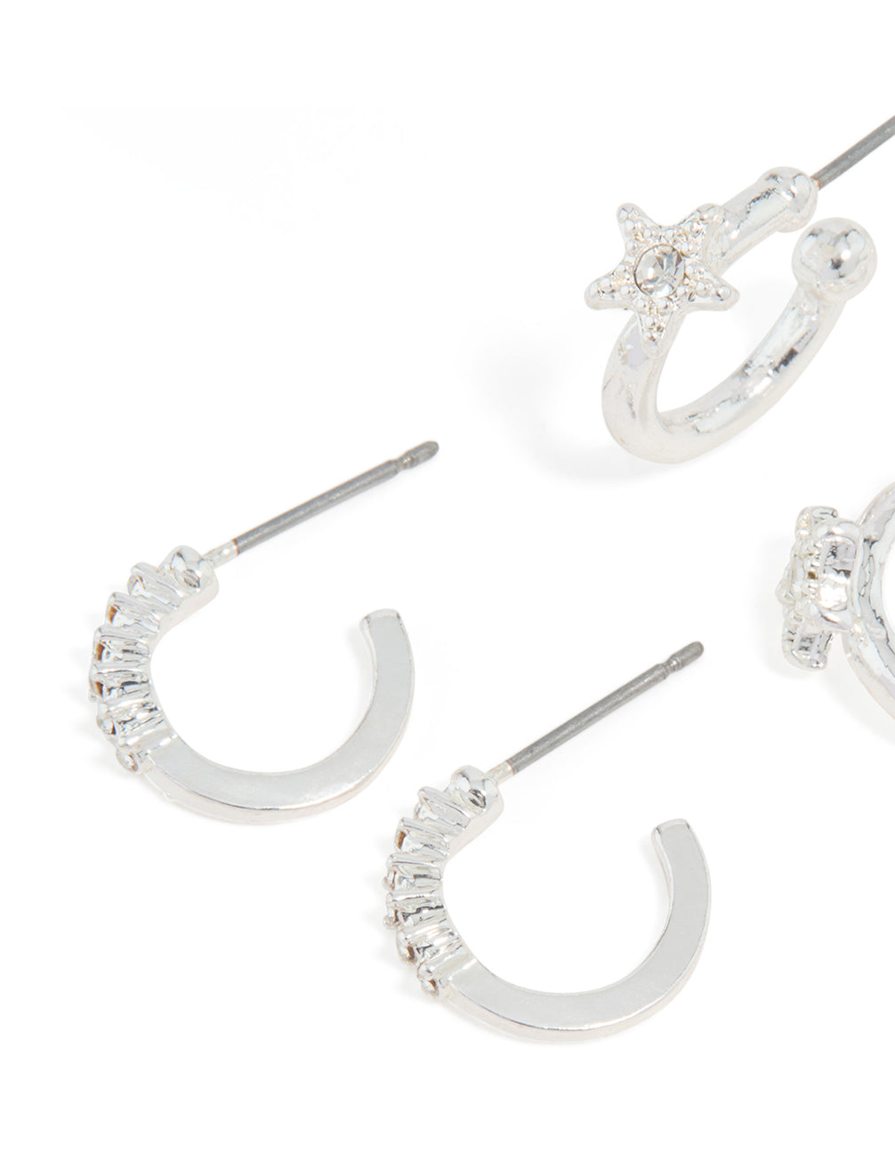 Silver Diamante Star & Smooth Hoop Earrings 3-Pack