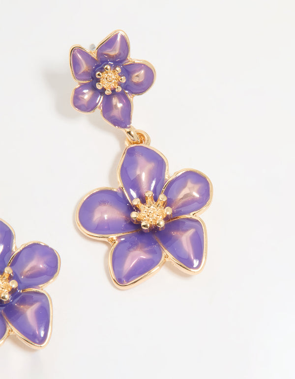 Gold Purple Tiered Flower Drop Earrings