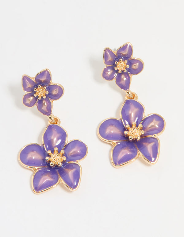 Gold Purple Tiered Flower Drop Earrings