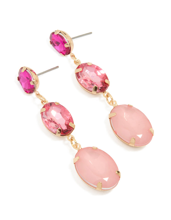Gold Pink Diamante Tiered Drop Earrings