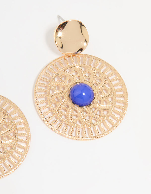 Gold Filigree & Blue Marble Center Drop Earrings