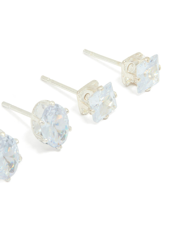 Silver Diamante Mixed Stud Earrings 3-Pack