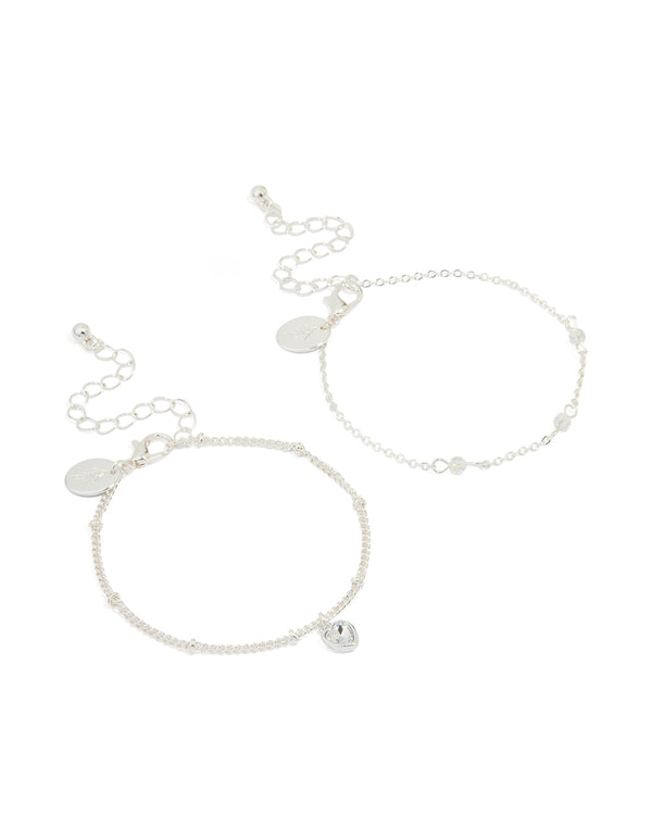 Silver Heart Charm & Stone Bracelets 2-Pack