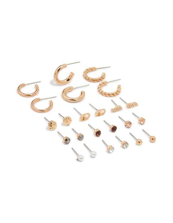 Gold Twisted Hoop & Classic Stud Earrings 12-Pack