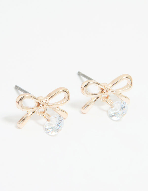 Rose Gold Diamante Bow Drop Earrings