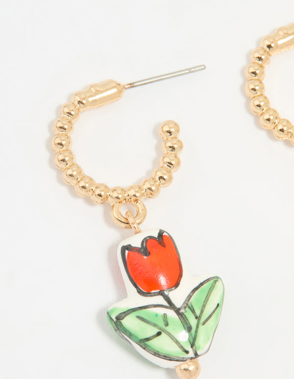 Gold Red Ceramic Flower Huggie Drop Earrings