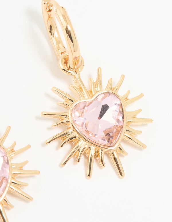 Gold Starburst Heart Huggie Drop Earrings