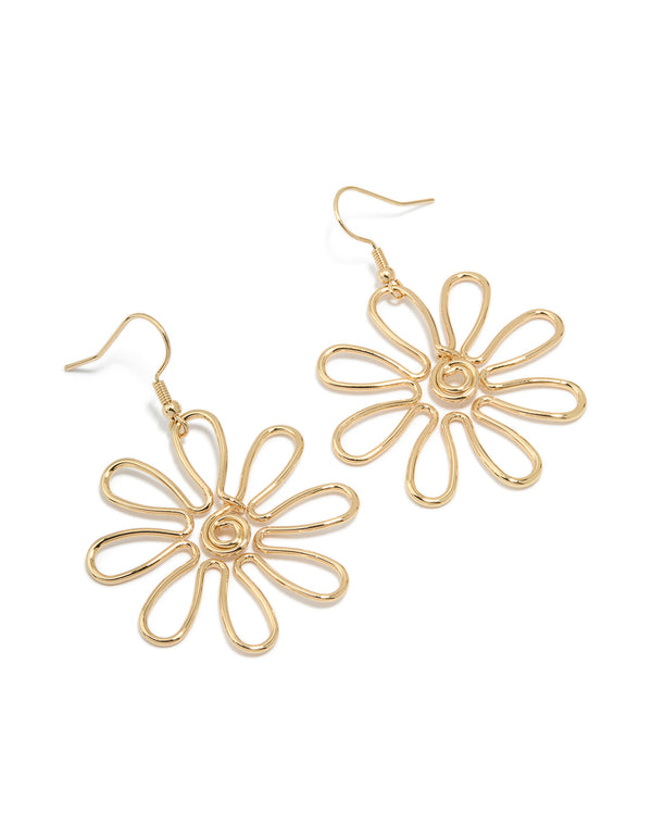 Gold Open Flower Drop Earrings
