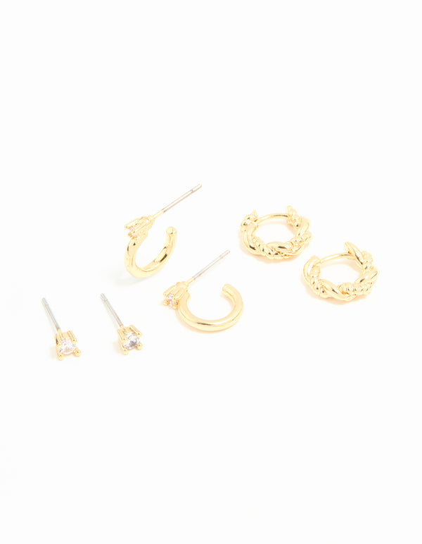 Gold Plated Brass Cubic Zirconia Small Stud & Huggie Earrings 3-Pack