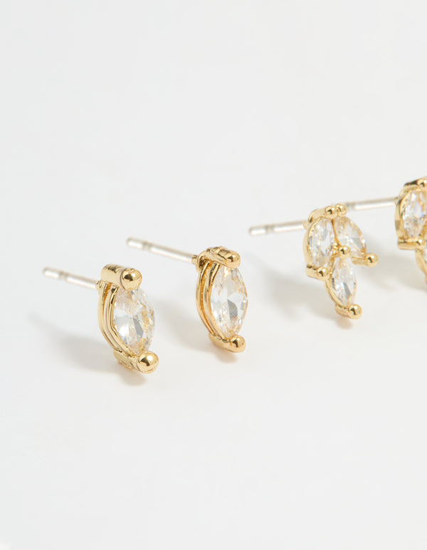 Gold Plated Brass Cubic Zirconia Vine Earrings 3-Pack