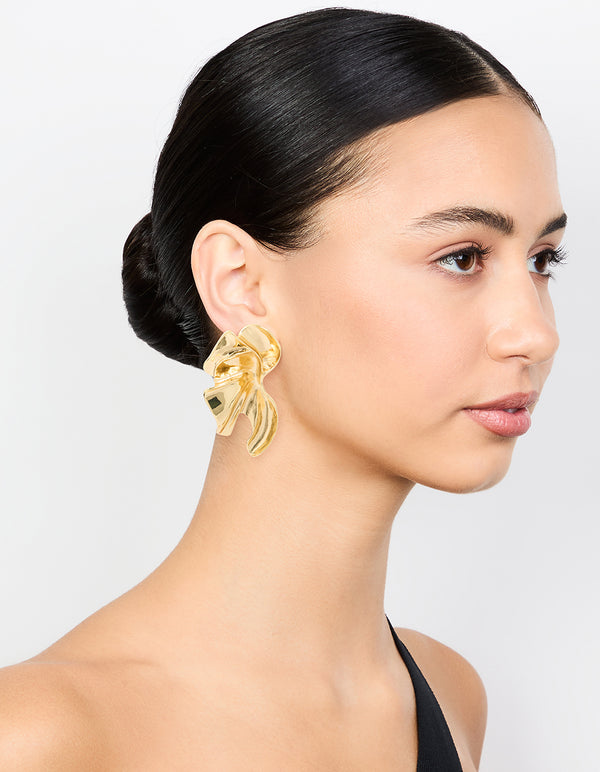 Gold Plated Textured Flower Fan Earrings