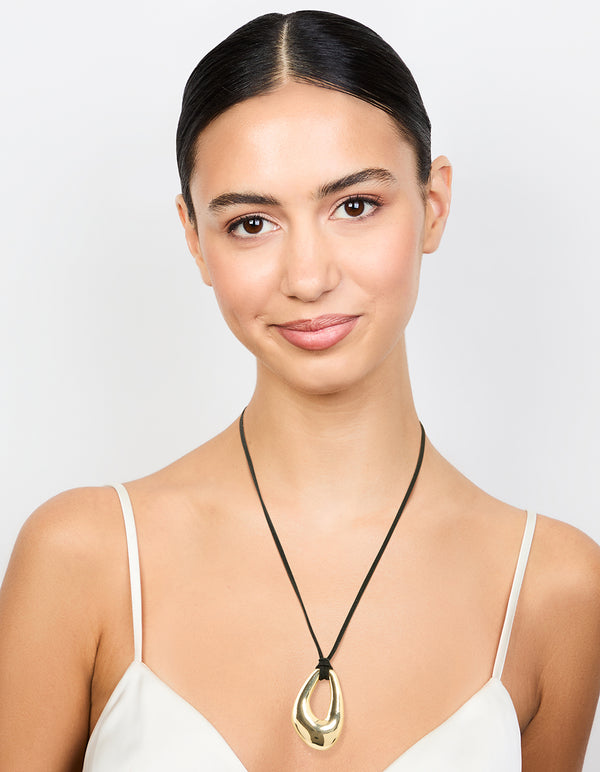 Gold Plated Cord Open Oval Long Necklace