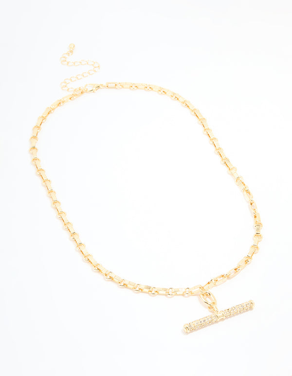 Gold Plated Diamante T-Bar Chain Necklace