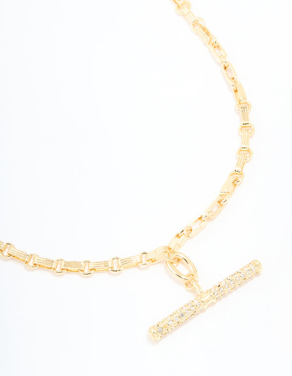 Gold Plated Diamante T-Bar Chain Necklace