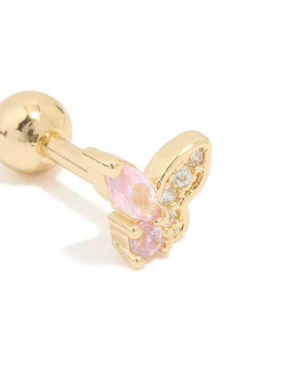 Gold Plated Surgical Steel Cubic Zirconia Butterfly Barbell