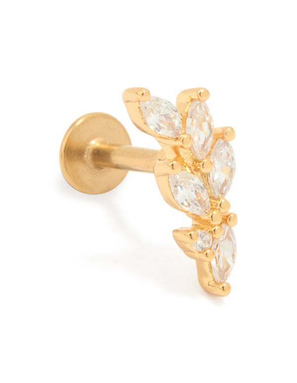 Gold Plated Titanium Cubic Zirconia Leaf Flat Back Stud