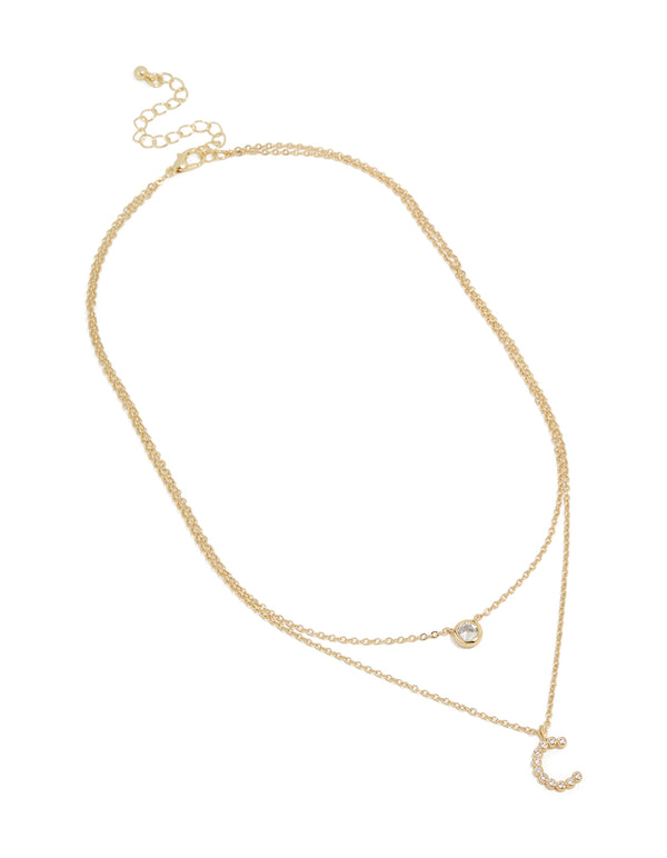 Gold Plated Cubic Zirconia Bezel Letter C Layered Necklace
