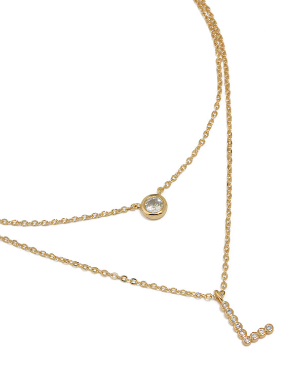 Gold Plated Cubic Zirconia Bezel Letter L Layered Necklace
