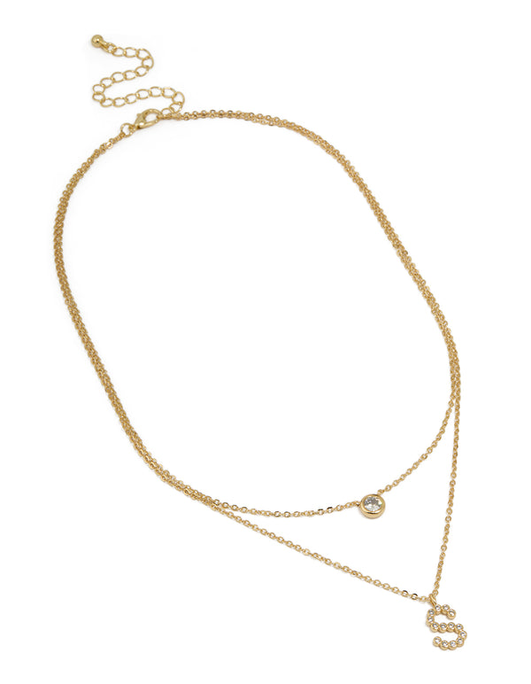 Gold Plated Cubic Zirconia Bezel Letter S Layered Necklace