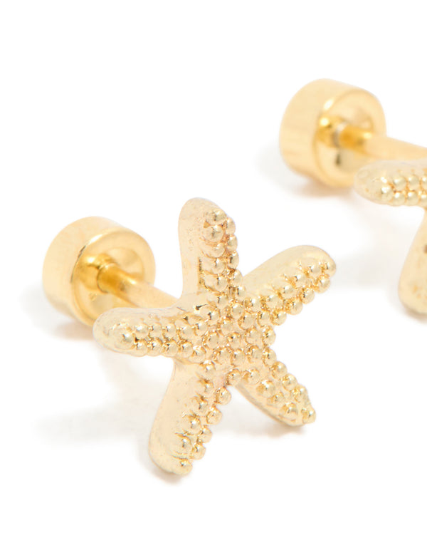 Showcasing kids starfish stud earrings ocean motifs, crafted from surgical steel in gold plated finish close up view