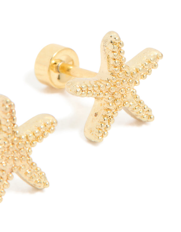 Designed with kids starfish stud earrings ocean motifs, crafted from surgical steel in gold plated finish post detail view
