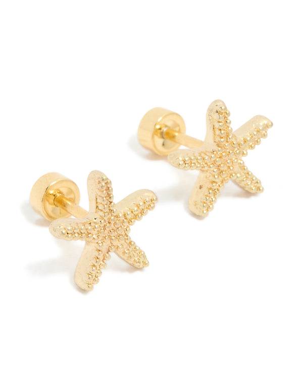 Featuring kids starfish stud earrings ocean motifs, crafted from surgical steel in gold plated finish front view