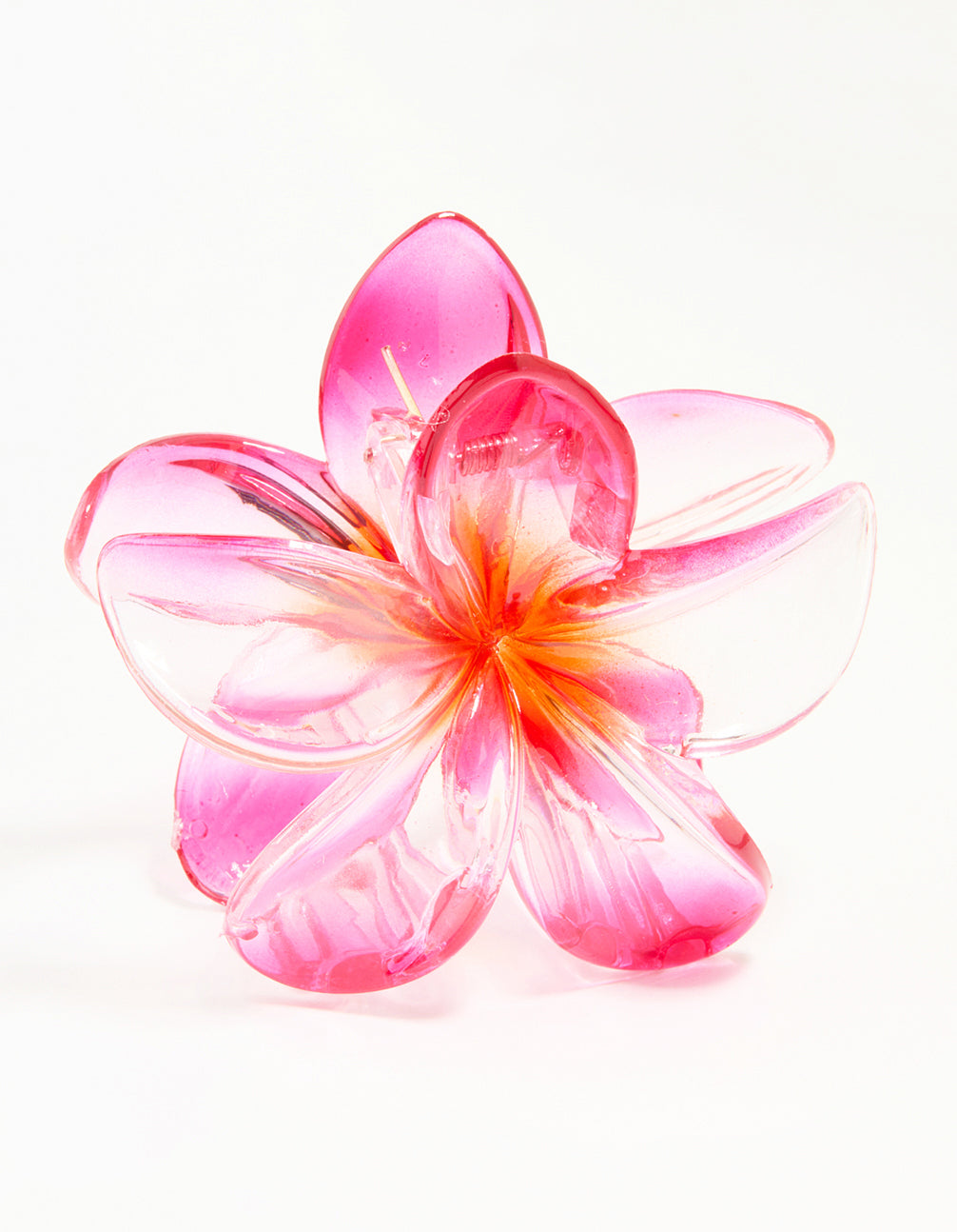 Discover this pink and orange frangipani ombre tropical floral claw clip in hot pink, light pink, orange, and gold front view