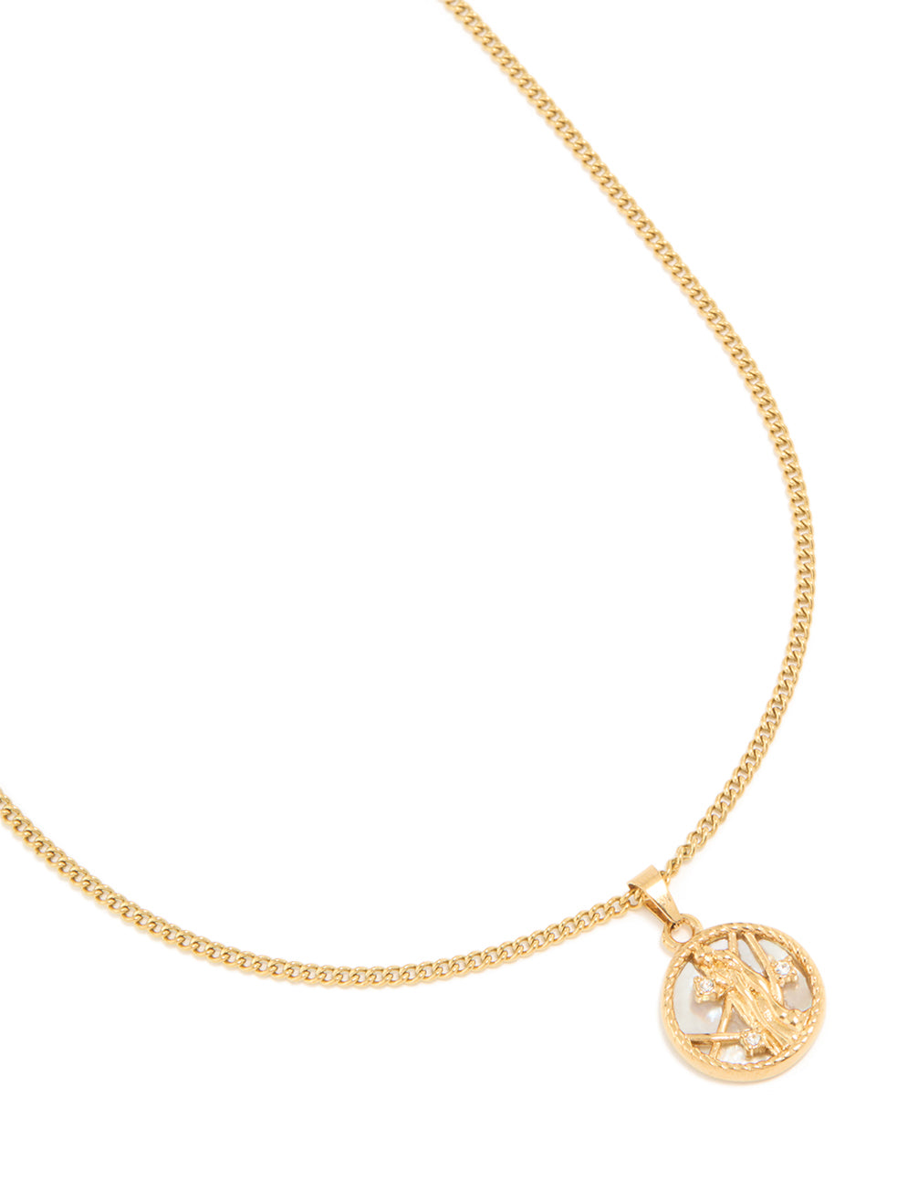 Showcasing a waterproof gold plated stainless steel Virgo circle zodiac sign necklace featuring a star sign front view