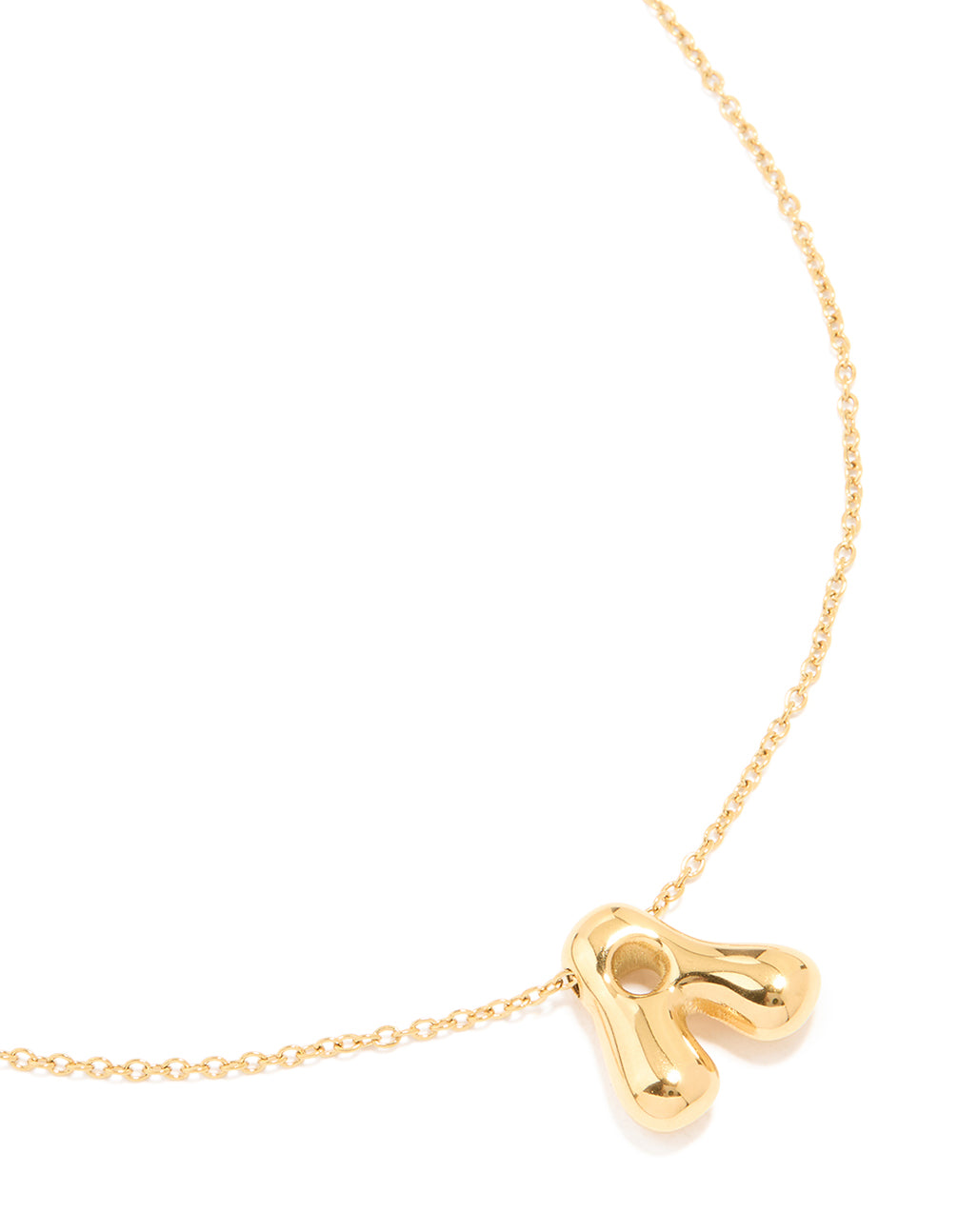 Showcasing a waterproof gold plated stainless steel large bubble letter A necklace featuring initial pendant in dainty style close up view