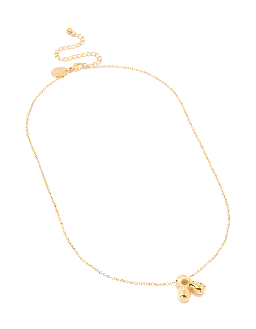 Crafted from waterproof gold plated stainless steel, this large bubble letter A necklace features initial pendant in dainty style front view