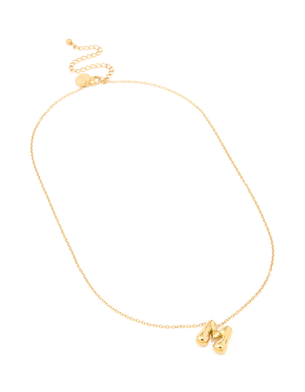 Crafted from gold plated stainless steel is the waterproof large bubble letter M necklace with initial pendant front view
