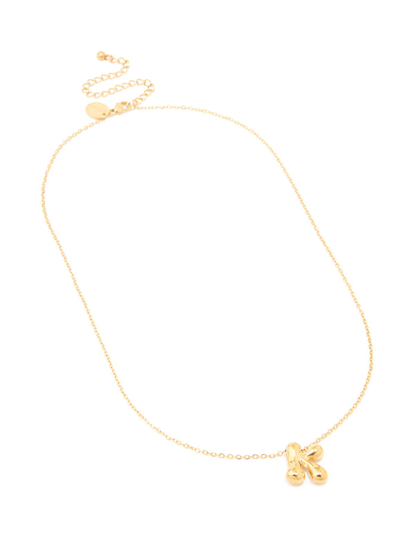 Presenting a waterproof large bubble letter K dainty style necklace in gold plated stainless steel with initial pendant front view