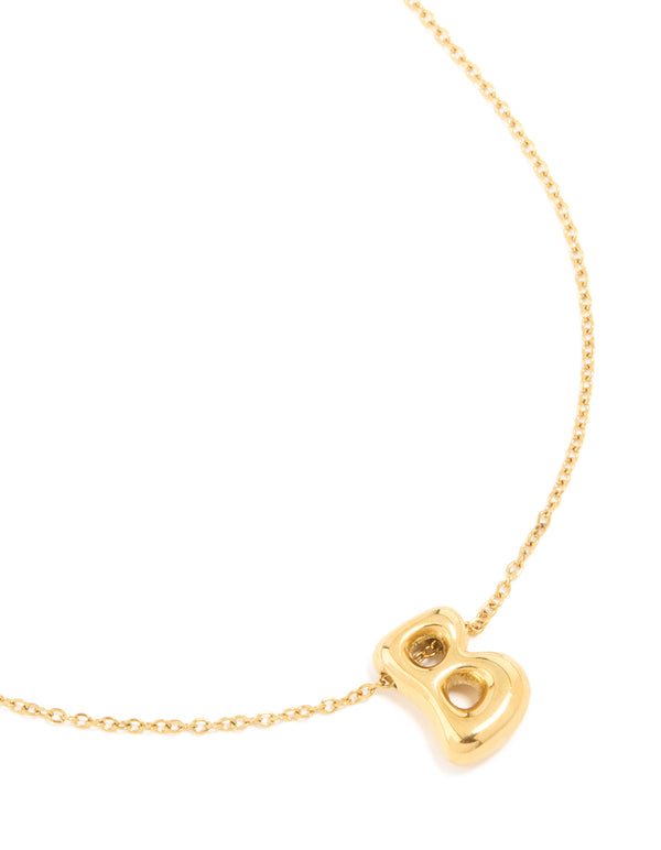 Beautifully designed waterproof gold plated stainless steel large bubble letter B initial pendant necklace close up view