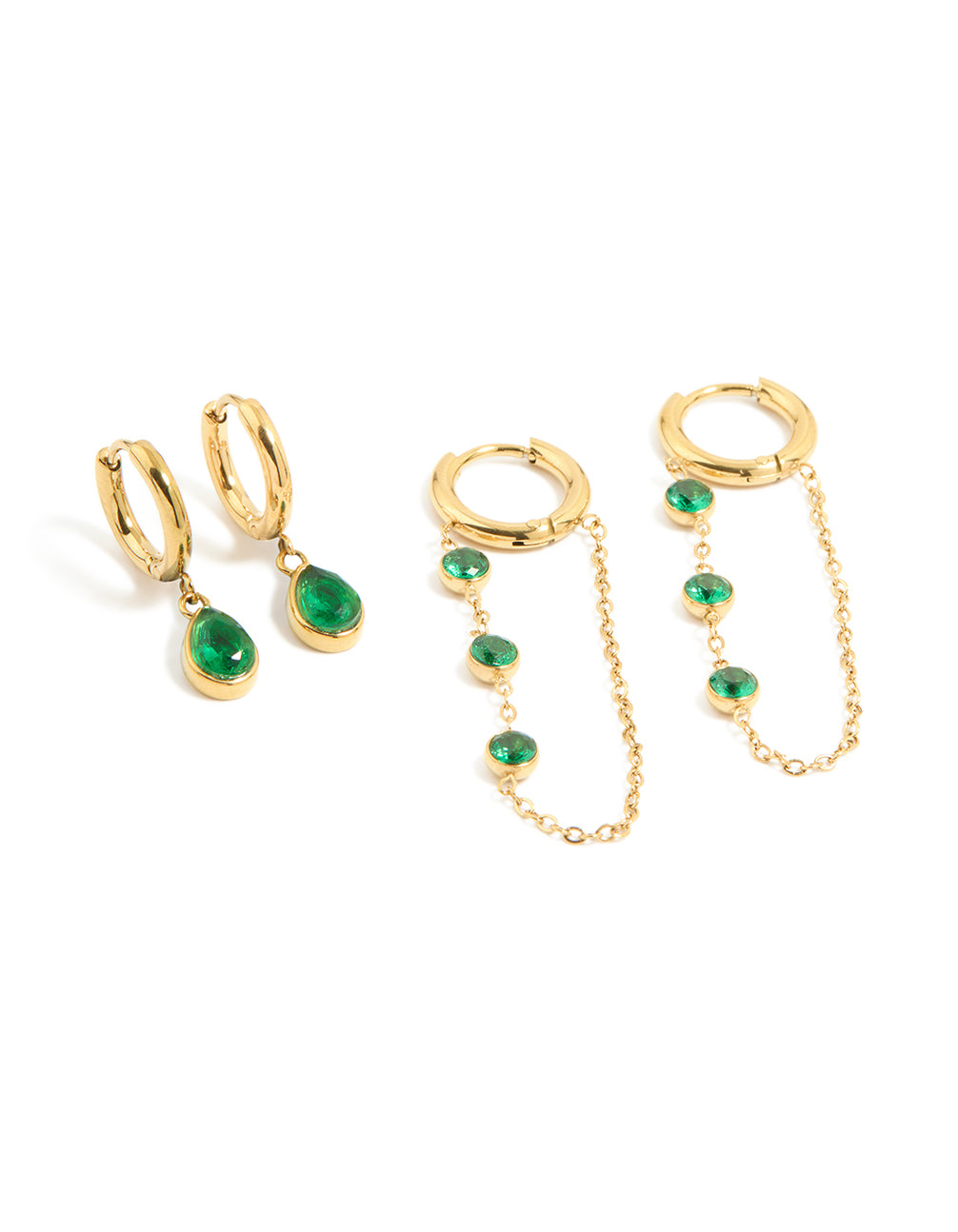 Showcasing waterproof gold plated stainless steel green cubic zirconia huggie earrings in a 2-pack front view