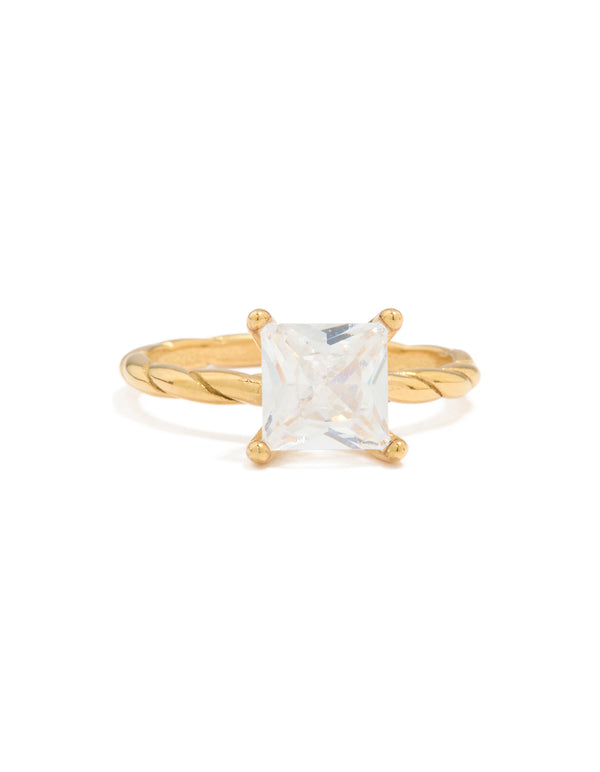 Designed with waterproof cubic zirconia square ring in gold plated stainless steel featuring twisted band close up view
