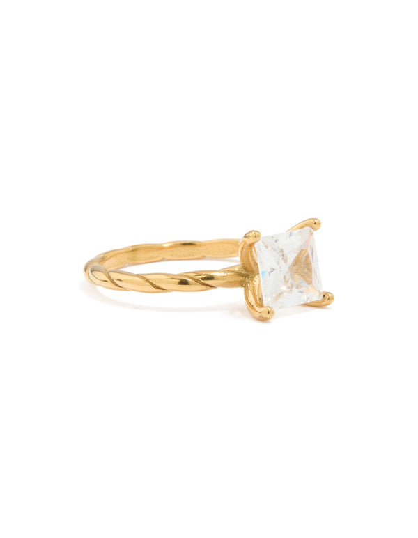 Beautifully crafted waterproof cubic zirconia square ring in gold plated stainless steel with twisted band front view
