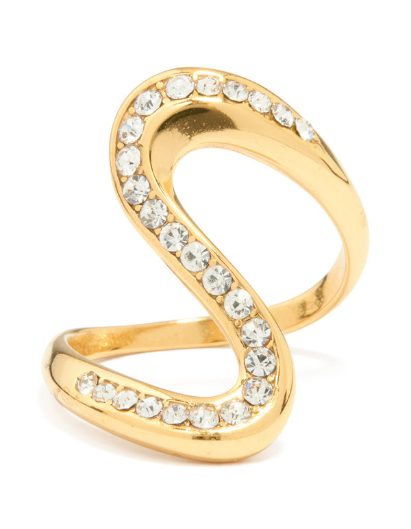 Featuring waterproof gold plated stainless steel construction with diamante accents, this statement swivel ring close up view
