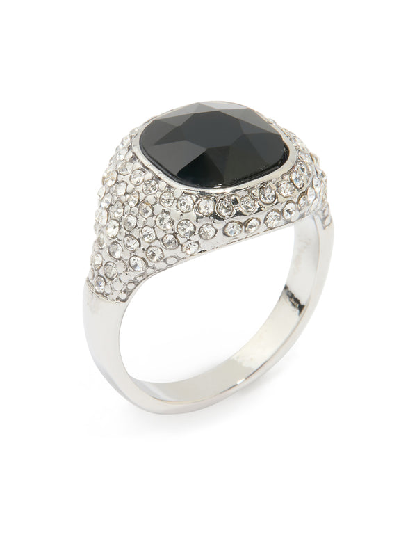 Silver Black Rhinestone Square Ring
