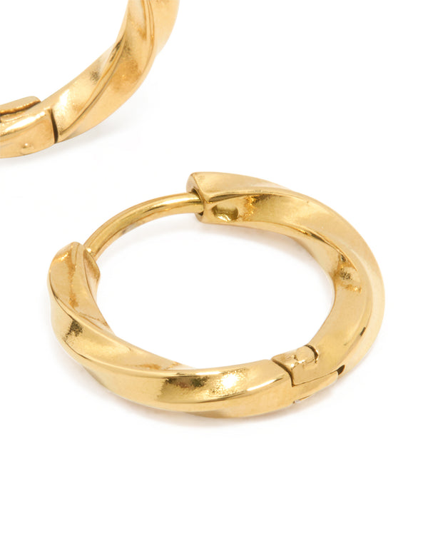 Presenting waterproof gold plated stainless steel huggie earrings highlighting clasp mechanism post detail view