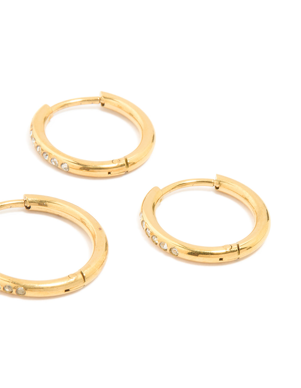 Showcasing waterproof clicker hoop earrings made from gold plated stainless steel with cubic zirconia in a 3-pack post detail view