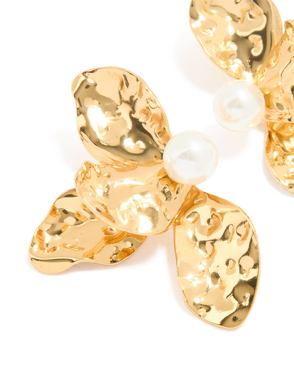 Waterproof Gold Plated Stainless Steel Large Flower Pearl Stud Earrings