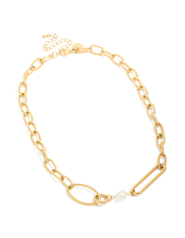 Waterproof Gold Plated Stainless Steel Irregular Paperclip Freshwater Pearl Necklace