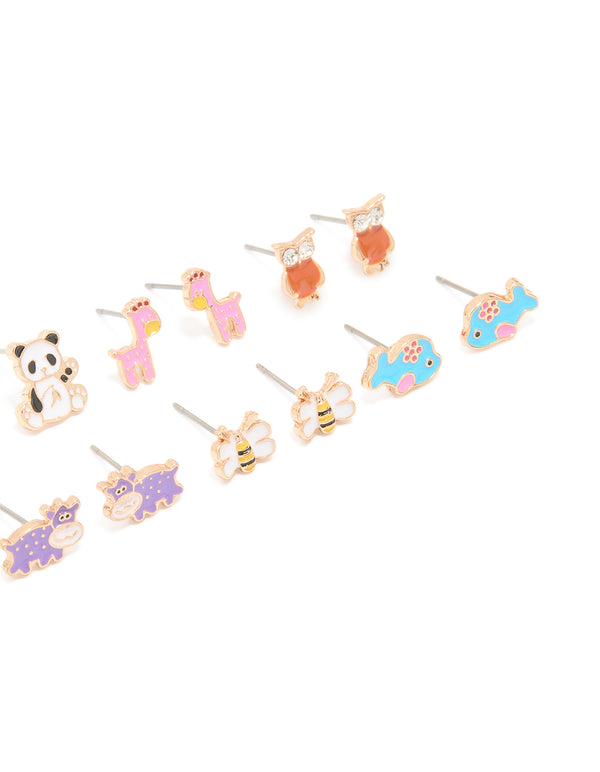 Showcasing gold zoo animal stud earrings 8-pack in pink, turquoise, and lavender close up view