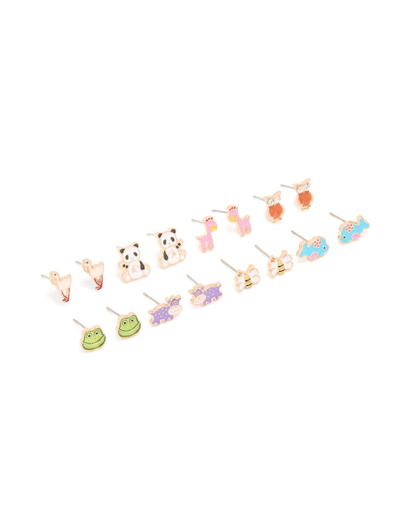 Featuring gold zoo animal stud earrings 8-pack in pink, turquoise, and lavender front view