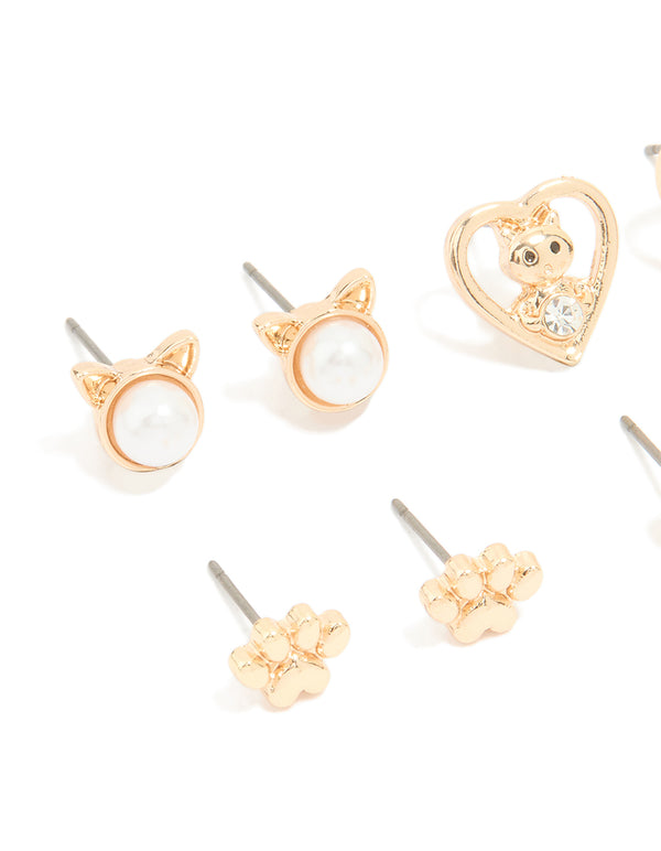 Kids Gold Cat Paw & Cat Design Stud Earrings 6-Pack