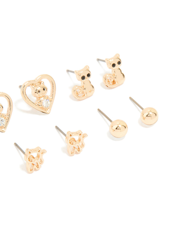 Kids Gold Cat Paw & Cat Design Stud Earrings 6-Pack