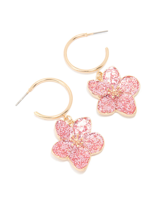 Gold Pink Glitter Flower Drop Hoop Earrings