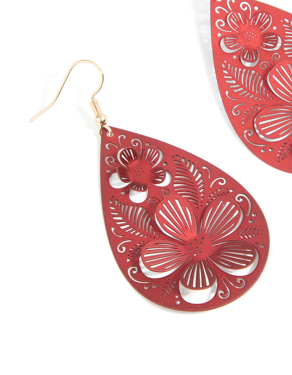 Gold Red 3D Filigree Flower Drop Earrings